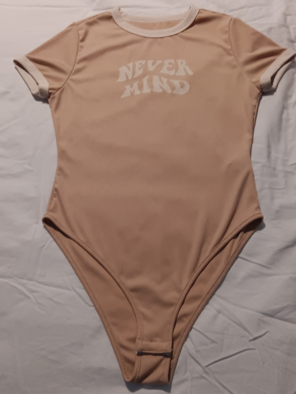 Juniors Beige 'Never Mind' One-Piece Bodysuit- Size Lg